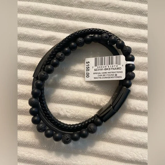 MEN'S ONYX&LAVA BEAD TRIPLE ROW BRAIDED LEATHER BRACELET BLACK ION-PLATED SS J47